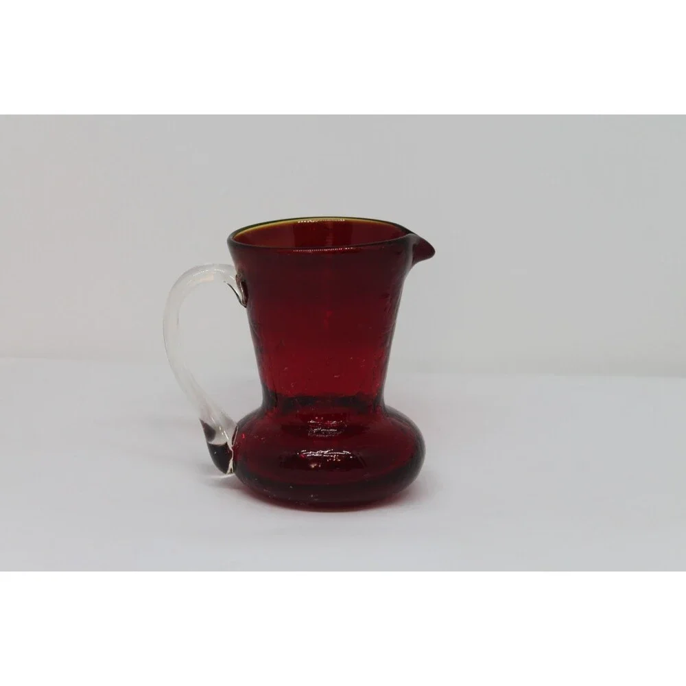 Art Glass Handblown Amberina Red Crackle Mini Glass Pitcher. 3.5